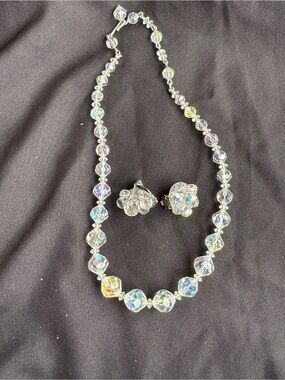 Vintage Aurora Borealis Crystal Glass Bead Necklace and Clip-On Earrings